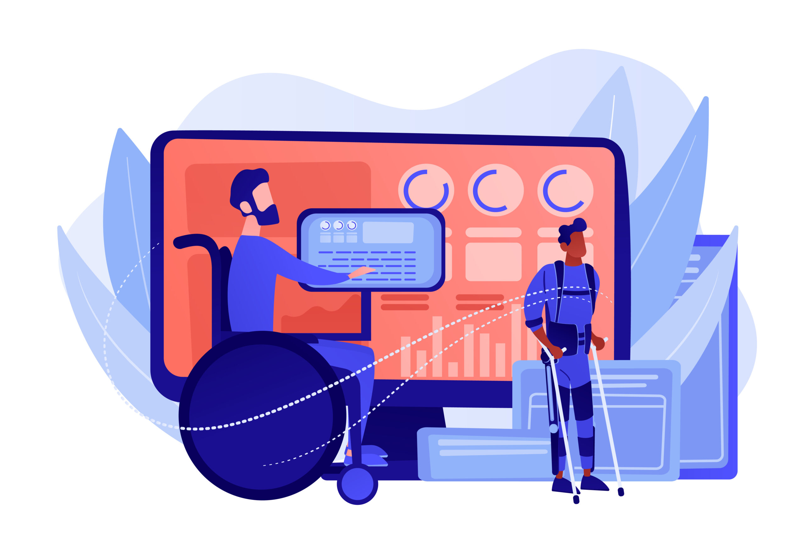 Handicapped man in wheelchair. Injured character rehabilitation. Assistive technology, devices for disabled people, adopted technologies concept. Pinkish coral bluevector isolated illustration
